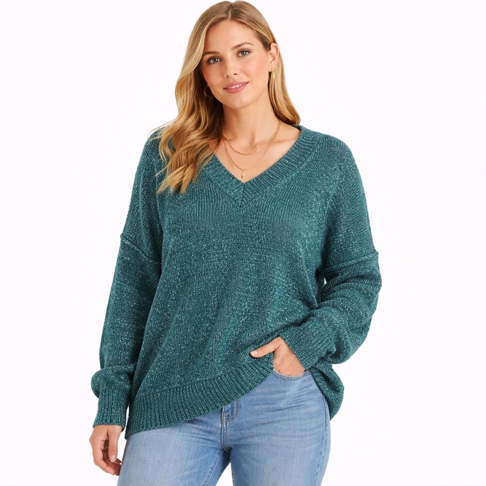 Francesca's Green V Neck Sweater Size L Metallic Thread Cozy Knit Top